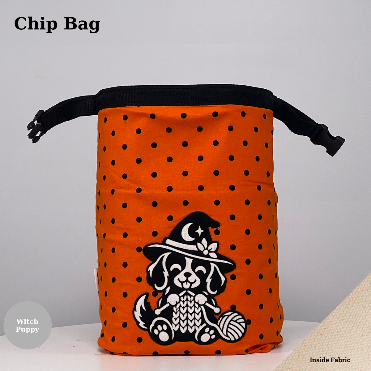 Orange-and-black polka dot Chip Bag featuring a witch puppy appliqué knitting beside a ball of yarn.