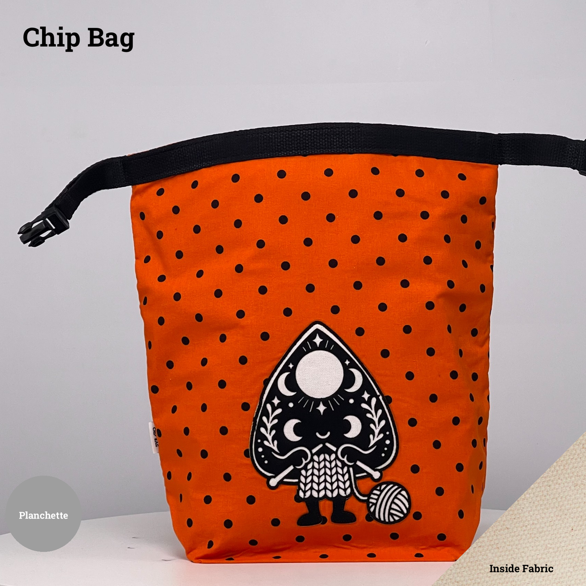 Orange-and-black polka dot Chip Bag featuring a planchette appliqué knitting beside a ball of yarn.