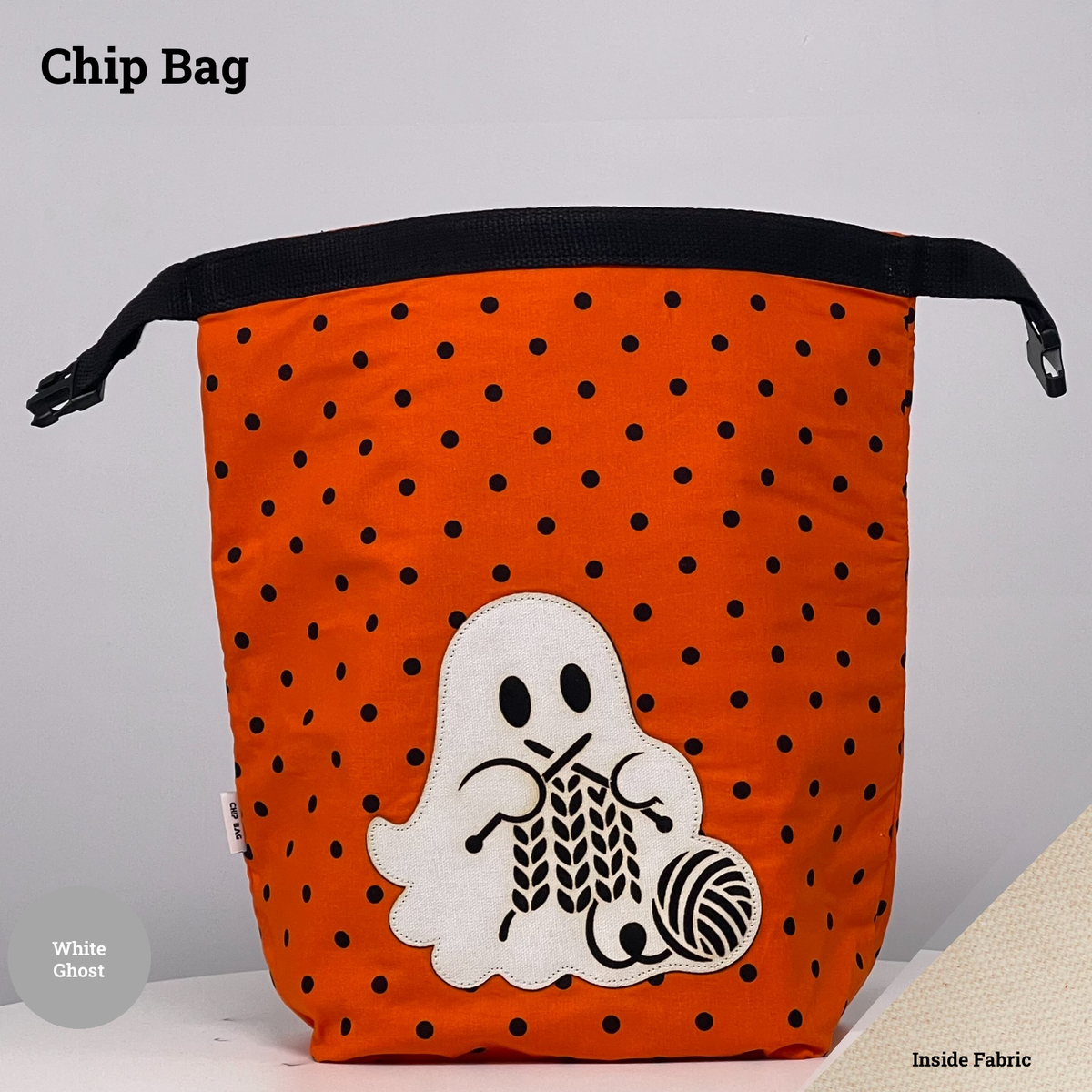 Orange-and-black polka dot Chip Bag featuring a white ghost appliqué knitting beside a ball of yarn.