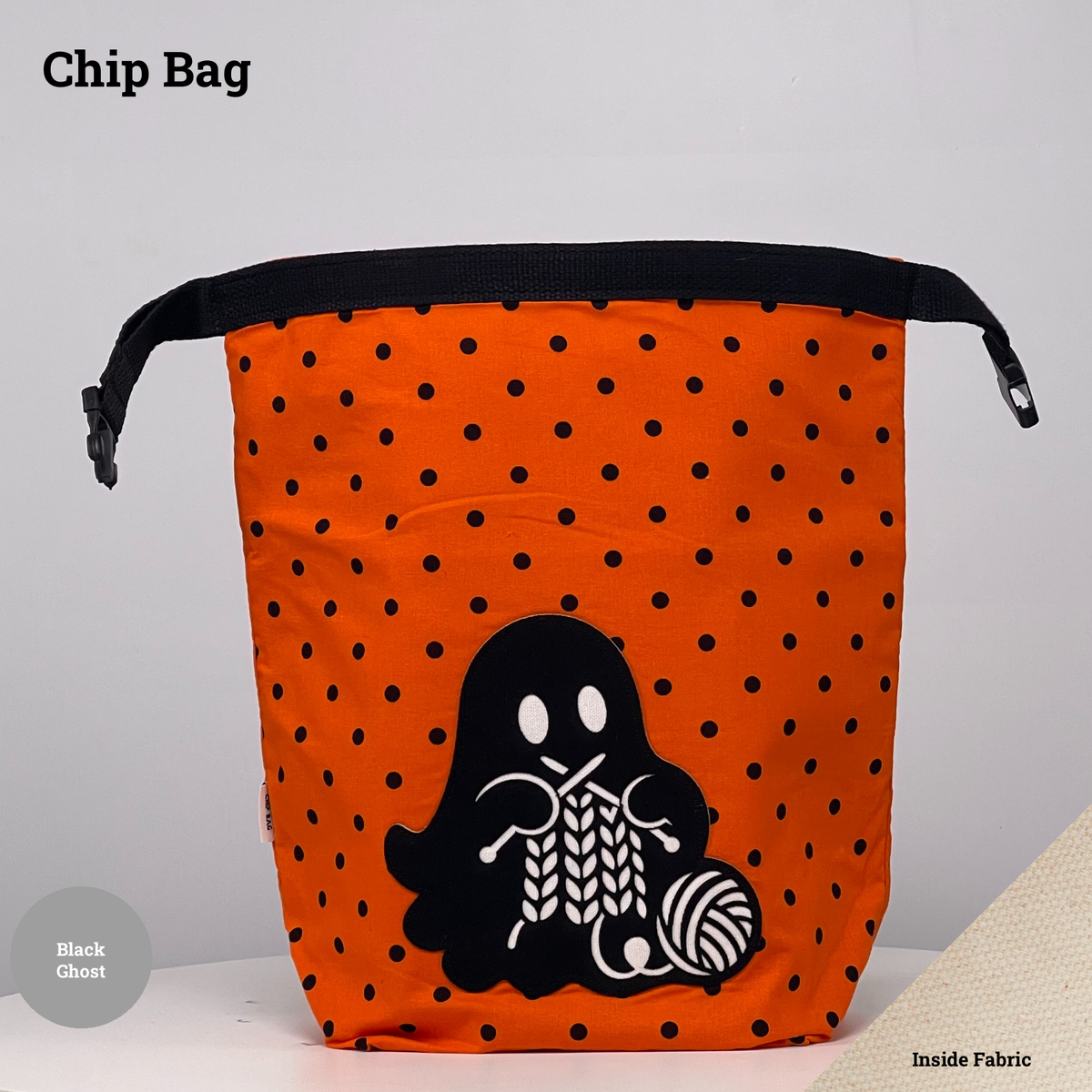 Orange-and-black polka dot Chip Bag featuring a black ghost appliqué knitting beside a ball of yarn.