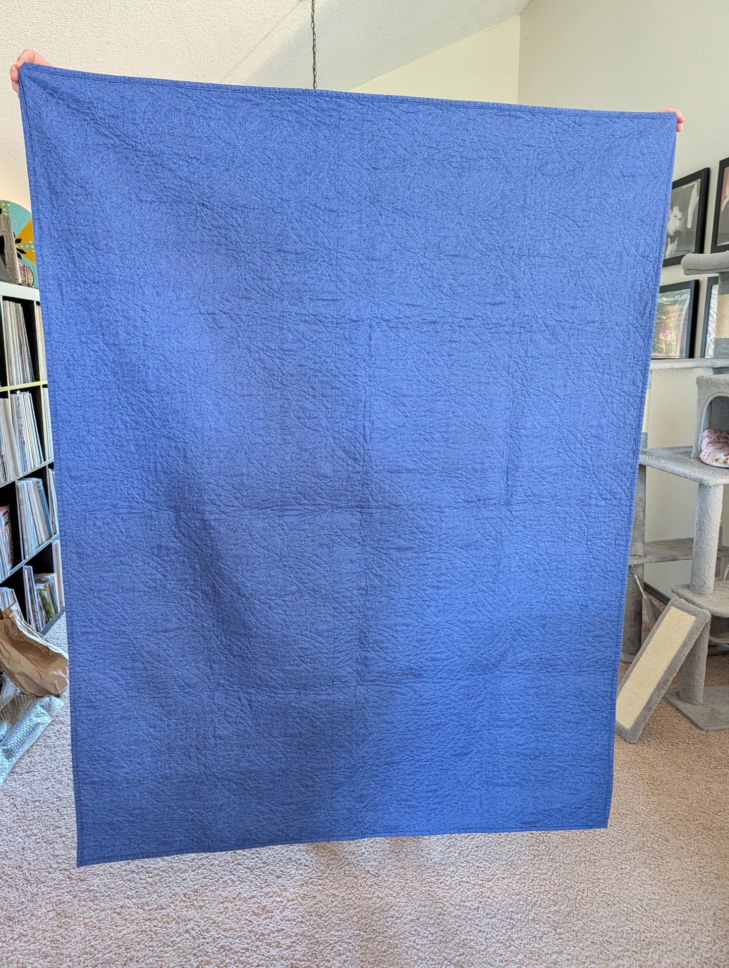 Mini Plaidish quilt back — Ocean Scrappy colorway, solid cobalt blue backing
