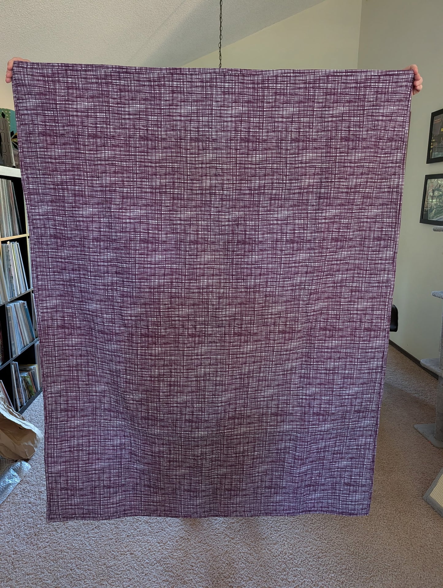 Mini Plaidish quilt back — Rainbow Gradient colorway, purple crosshatch backing fabric