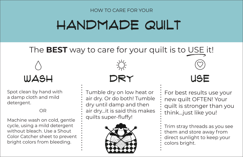 Quilt care instructions card — wash, dry, and use guidance for handmade quilts